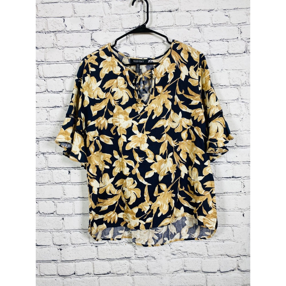 Ellen Tracy Blouse Womens Floral Print Navy Blue Medium Excellent Linen Blend